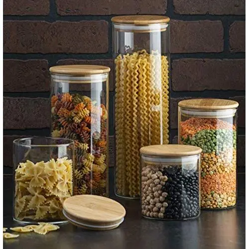 Ensemble de 5 Pots en Verre avec Couvercle en Bambou Étanché, Pots de Rangement en Verre pour Cuisine, Salle de Bain et Cellier, Idéal pour Farine, Sucre, Café, Bonbons, Snacks et Plus Encore Ensemble de 5 Pots en Verre avec Couvercle en Bambou Étanché, Pots de Rangement en Verre pour Cuisine, Salle de Bain et Cellier, Idéal pour Farine, Sucre, Café, Bonbons, Snacks et Plus Encore