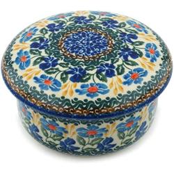 Polish Pottery Jar with Lid 5-inch Blue Forget-Me-Nots made by Ceramika Artystyczna