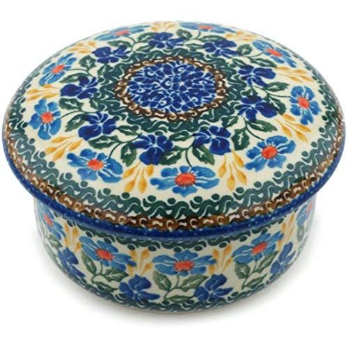 Polish Pottery Jar with Lid 5-inch Blue Forget-Me-Nots made by Ceramika Artystyczna