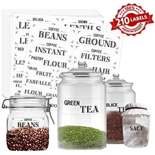 Clear Pantry Labels Set for Kitchen Restaurant Storage Organization Water Resistant, 210 Pcs in 7 Sizes for Food Containers, Jars for Flour, Sugar, Coffee Clear Pantry Labels Set for Kitchen Restaurant Storage Organization Water Resistant, 210 Pcs in 7 Sizes for Food Containers, Jars for Flour, Sugar, Coffee