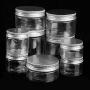 Clear Plastic Jars with Silver Aluminum Lids (5 pack); BPA Free PET Stackable Straight Sided Canisters for Bathroom & Kitchen Storage of Dry Goods, Creams and More