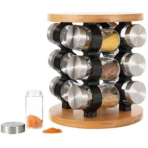 AHUA Drehteller Gewürz Turm, Rund oder Eckig, Bambus Gewürz Turm, Drehteller Gewürzregal, Würzespeicher Organisationsset, Set von 12 Gewürz Glaskaraffen