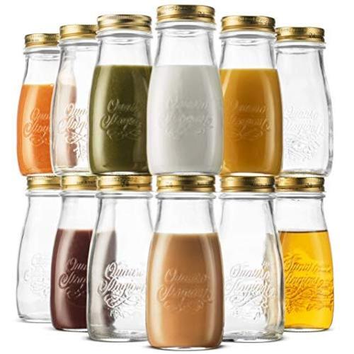 Bormioli Rocco Quattro Stagioni Glass Drinking jar bottle 13? Ounce Milk Bottles with Gold Metal Airtight Lids, For Juicing, Smoothies, Homemade Beverages Bottle, Reusable Glass Water Bottle (12 Pack)