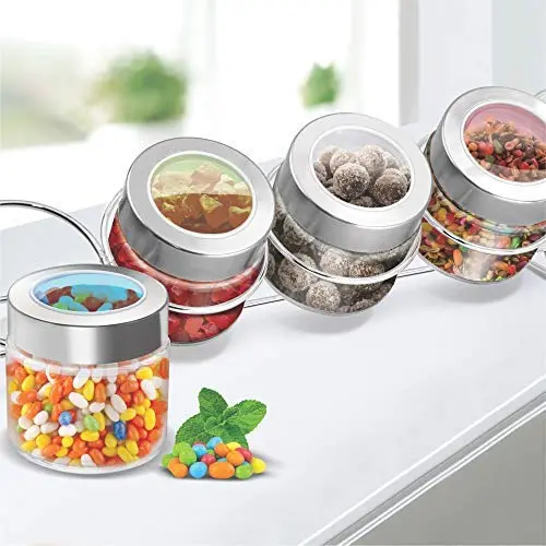 PLANET 007 Treo Delfy Lagerglasbehälter Set mit Farbdeckeln und Edelstahl-Standdose Glasbehälter Set Glasgläser für Süßigkeiten Schokolade Mandeln Vieles mehr 100 ml pro Stück Set von 4
