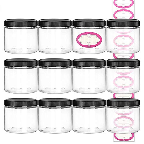 DilaBee Plastic Jars Bundle - 8 Oz And 4 Oz Clear plastic jars with lids Refillable Small Plastic Containers with Screw On Lids and Labels, Empty Jars For Dry Food, Cream, Lotion, Paint and more