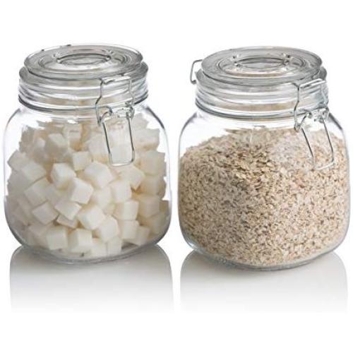 Klikel Square Glass Kitchen Storage Canister Jars - Crystal Clear Food Storage Jars with Clear Lid and Bail & Trigger Hermetic Seal - 32oz, (Set of 2)