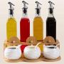 Seasoning Box Set Bamboo Rack with 3 Ceramic Spice Jars and 3 Oil Bottles, Kitchen Supplies Storage Container Pots Condiment Organizer Shelf (Color : Brown, Size : B)