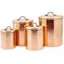 4-Piece Copper Solid Brass Handles Canister Set, Made Of Steel With Copper Plating, Hammered Finish