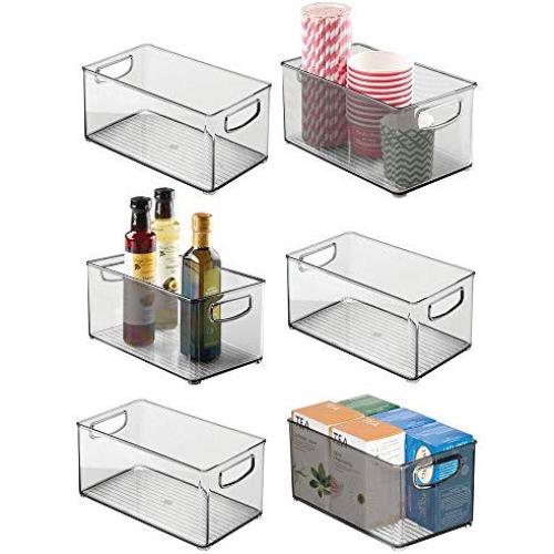mDesign Plastic Stackable Kitchen Pantry Cabinet, Refrigerator or Freezer Food Storage Bin Container with Handles - Organizer for Fruit, Yogurt, Snacks, Pasta - BPA Free, 10" Long, 6 Pack - Smoke Gray