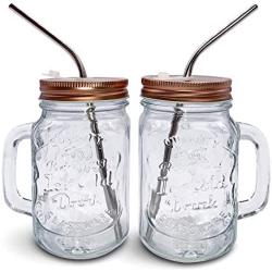 Mason Jar Mugs with Handle, Regular Mouth Colorful Lids with 2 Reusable Stainless Steel Straw, Set of 2 (Rose Gold), Kitchen GLASS 16 oz Jars,''Refreshing Ice Cold Drink'' & Dishwasher Safe