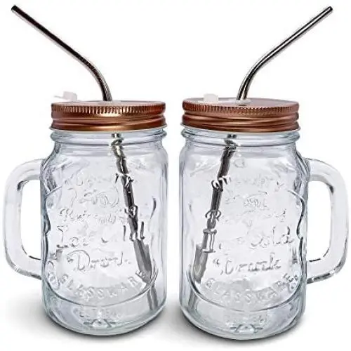 Mason Jar Mugs with Handle, Regular Mouth Colorful Lids with 2 Reusable Stainless Steel Straw, Set of 2 (Rose Gold), Kitchen GLASS 16 oz Jars,''Refreshing Ice Cold Drink'' & Dishwasher Safe Mason Jar Mugs with Handle, Regular Mouth Colorful Lids with 2 Reusable Stainless Steel Straw, Set of 2 (Rose Gold), Kitchen GLASS 16 oz Jars,''Refreshing Ice Cold Drink'' & Dishwasher Safe