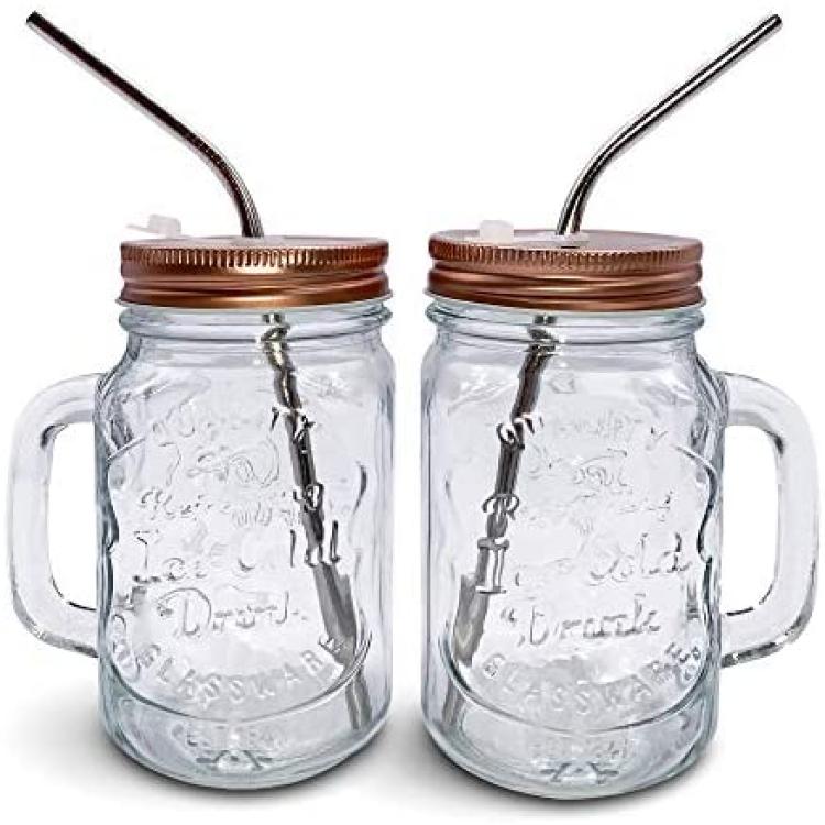 Glass Mason Jar With Handle, Lid And Straw