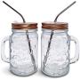 Mason Jar Mugs with Handle, Regular Mouth Colorful Lids with 2 Reusable Stainless Steel Straw, Set of 2 (Rose Gold), Kitchen GLASS 16 oz Jars,''Refreshing Ice Cold Drink'' & Dishwasher Safe