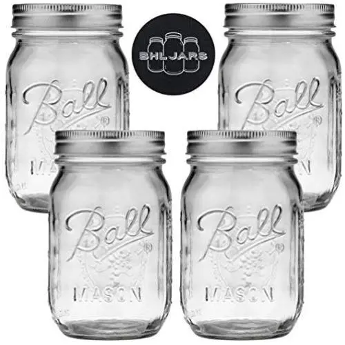 Ball Mason Jars 16 oz Bundle with Non Slip Jar Opener- Set of 4 Half Quart Mason Jars with Regular Mouth - Canning Glass Jars with Lids, Heritage Collection