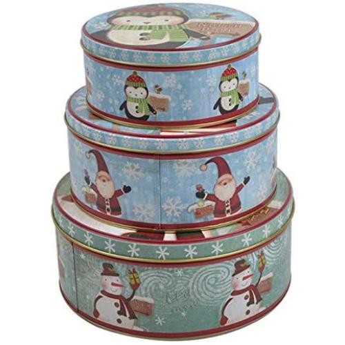 JKLcom Candy Tins Christmas Cookie Tins Set of 3 Metal Tin with Lid Empty Round Metal Storage Tin Cans Jars Containers Nesting Tins,for Gift Giving DIY Candy Cookie