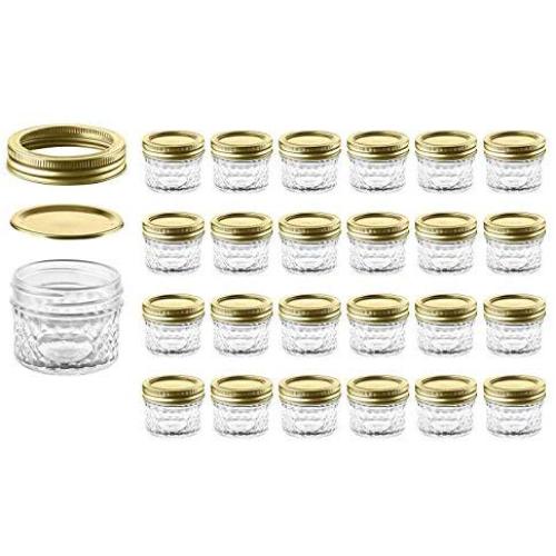 Mason Jars with Glass Lids 4 oz - Nellam Small Canning Jelly Jar Wide Mouth in Quilted Crystal for Airtight Kitchen Storage, Baby Food, Party Favors - Freezer & Microwave Safe - Set of 24, Gold