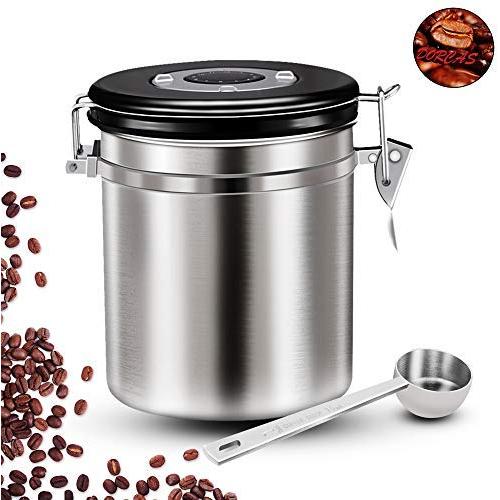 Airtight Coffee Container,Stainless Steel Coffee Canister,Fresher Beans and Grounds for Longer,Canister with Date Tracker,CO2 Release Valve and Measuring Scoop by Dorcas (Silver)