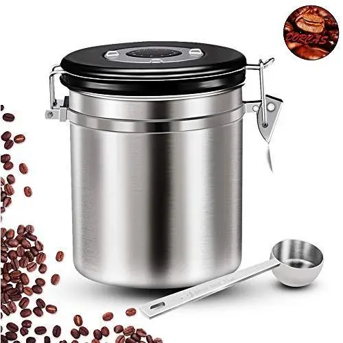 Conteneur d’encens étanche en acier inoxydable, conservez vos grains et moutures de café plus longtemps, avec traceur de date, soupape de libération CO2 et cuillère doseuse - Dorcas (Argent) Conteneur d’encens étanche en acier inoxydable, conservez vos grains et moutures de café plus longtemps, avec traceur de date, soupape de libération CO2 et cuillère doseuse - Dorcas (Argent)