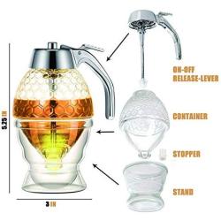 Honey Dispenser,No Drip Acrylic Syrup Sugar Container with Stand,Beautiful Honey Comb Shaped Honey Pot，Storage Jar,Syrup Sugar Container