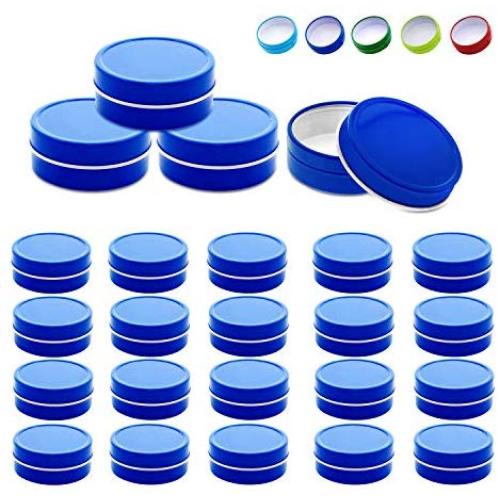 Mimi Pack 24 Pack Tins 2 oz Shallow Round Tins with Solid Slip Lids Empty Tin Containers Cosmetics Tins Party Favors Tins and Food Storage Containers (Blue)