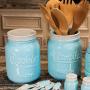 Mason Cookie Jar & Utensil Holder Set - Large Airtight Ceramic Cookie Jar - Vintage Farmhouse Utensil Holder - Rustic Decorative Air Tight Container For Cookies, Cracker, and Other Snacks (Blue)