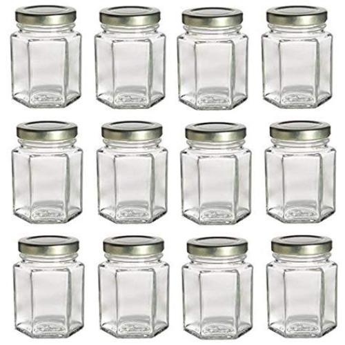 Nakpunar 12 pcs 3.75 oz Hexagon Glass Jars with Gold Lids (3.75 oz, Gold)