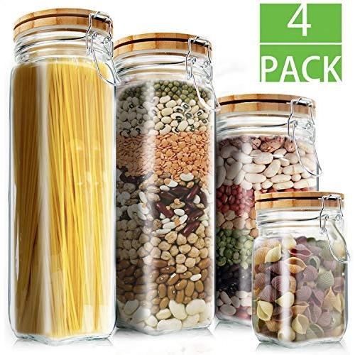 Food Storage Containers Set, Kitchen Large Wide Deep Storage Jars Elegant Life Clear Glass Airtight Canister Set with Airtight Clamp Caps(4 Packs, 5.5L)