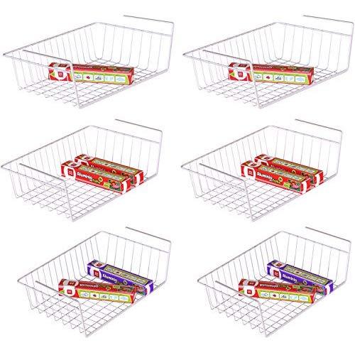 Under Shelf Basket, iSPECLE 6 Pack White Wire Rack, Slides Under Shelves For Storage, Easy to Install