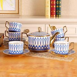 English Bone China Coffee Cup and Saucer Tea Set, 16 Pieces of Ceramic Coffee Cup and Saucer Spoon with Teapot Milk Jug Sugar Jar Storage Basket Gold-rimmed