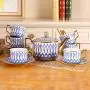 Englischer Porzellan-Kaffeetasse und -Sets mit Espresselöffel, 16-teiliges Set mit Teekanne, Milchkanne, Zuckerbehälter und Aufbewahrungskorb mit Goldrand.