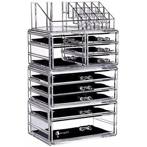CQ Acryl Große 9stufige Klare Acryl Schmink Organizer Kosmetikkiste mit 11 Schubladen – 4er Set
