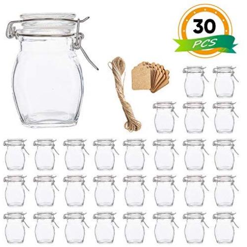 Spice Jars, Flrolove 30 Pack 3.5oz Oval shaped Glass Jars with Leak Proof Rubber Gasket & Hinged Lid,Small Glass Containers with Airtight Lids for Home, Party Favors