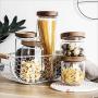 Glass Storage Tank With Wood Cover Spices Sugar Jar Container Kitchen Food Bottle Coffee Beans Tea Caddy 1Pc,325Ml