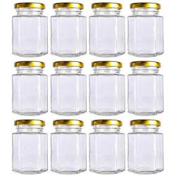 12 pack 4 oz Clear Glass Jam Jars for Jam,Honey,candies,sauce,Baby Foods,Jelly Wedding Favors,DIY Magnetic Spice Jars（Comes with gold lids）