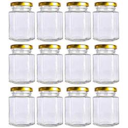 12 pack 4 oz Clear Glass Jam Jars for Jam,Honey,candies,sauce,Baby Foods,Jelly Wedding Favors,DIY Magnetic Spice Jars（Comes with gold lids）