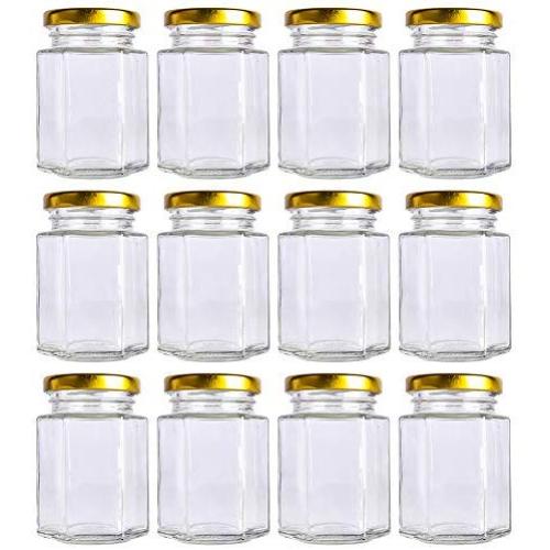 12 pack 4 oz Clear Glass Jam Jars for Jam,Honey,candies,sauce,Baby Foods,Jelly Wedding Favors,DIY Magnetic Spice Jars（Comes with gold lids）