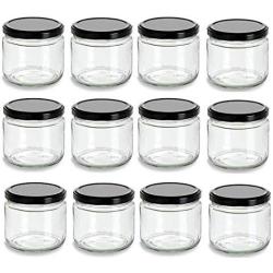 Nakpunar 12 oz Wide Mouth Glass Jars with Black Lids -Set of 12 - Salsa style - Made in USA