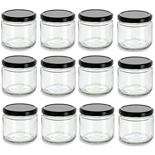 Bouteilles en verre Nakpunar 12 oz à large ouverture avec couvercles noirs - Lot de 12 - Style Salsa - Fabriqué aux États-Unis