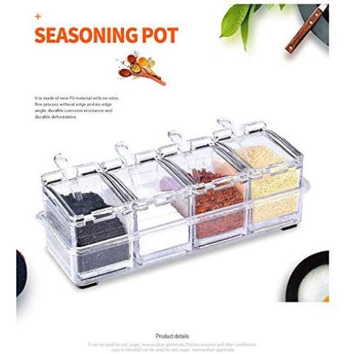 Clear Seasoning Rack Spice Pots, Acrylic Seasoning Box Spice Storage Container Holder Removable Condiment Jars with Cover and Spoons - Set of 4