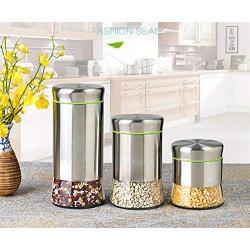 Glass and Stainless Steel Canister Set with Airtight Lids - Glass Airtight Canister Food Container Sealed Storage Jars Set Copper, Cherry,3-Piece Set