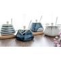 Japanese Style Hand-print Stripe Sugar Dispenser Sugar Bowl Set Lidded Bowl Salt Pepper Storage Jar Pot Sugar Container Seasoning Pot Holder with Spoon for Home and Kitchen,Blue,White