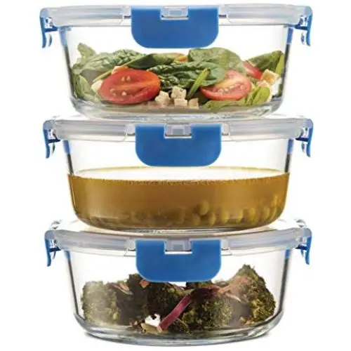 Premium Glas Runden Meal Prep Behälter - 3er Set (32oz) Neu Erfunden Mit Gummidichtungen – 100% Dichtende Glas-Lebensmittelbehälter, Ideal für unterwegs, zum Einfrieren und zum Backen – Perfekte Lunchbehälter