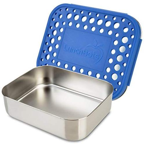 LunchBots Medium Uno Stainless Steel Sandwich Container - Open Design for Wraps - Salads or a Small Meal - Eco-Friendly - Dishwasher Safe and BPA-Free - Blue Dots