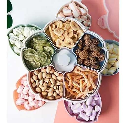 Drehbare Snackbox mit Blumen-Design, Süßigkeiten- und Lebensmittel-Aufbewahrungsbox, Schmuckorganizer, Obstschale, Süßigkeiten-Teller, Compartment-Platte, Hochzeitssüßigkeiten-Teller, Party-Snack-Teller (Mehrfarbig)
