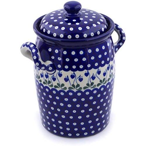 Polish Pottery 11-inch Jar with Lid and Handles made by Ceramika Artystyczna (Bleeding Heart Peacock Theme) + Certificate of Authenticity