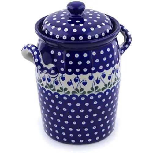 Polish Pottery 11-inch Jar with Lid and Handles made by Ceramika Artystyczna (Bleeding Heart Peacock Theme) + Certificate of Authenticity