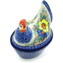 Polish Pottery 7?-inch Hen Shaped Jar (Summertime Blues Theme) Signature UNIKAT + Certificate of Authenticity