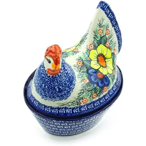 Polish Pottery 7?-inch Hen Shaped Jar (Summertime Blues Theme) Signature UNIKAT + Certificate of Authenticity Polish Pottery 7?-inch Hen Shaped Jar (Summertime Blues Theme) Signature UNIKAT + Certificate of Authenticity