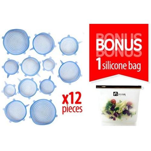 Reusable Silicone Stretch Lids ? Blue ? Set of 12 ? Covers Pots, Pans, Cups & Bowls ? Food Saver for Fresher Food ? Freezer, Microwave & Dishwasher Safe ? Includes 1 Silicone Food Bag