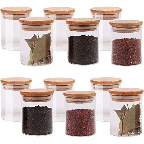 Bouteilles en verre TNKML avec couvercle en bambou naturel et anneau en silicone pour stockage hermétique de petits contenants transparents pour stockage de grains 12 x 200ml Bouteilles en verre TNKML avec couvercle en bambou naturel et anneau en silicone pour stockage hermétique de petits contenants transparents pour stockage de grains 12 x 200ml